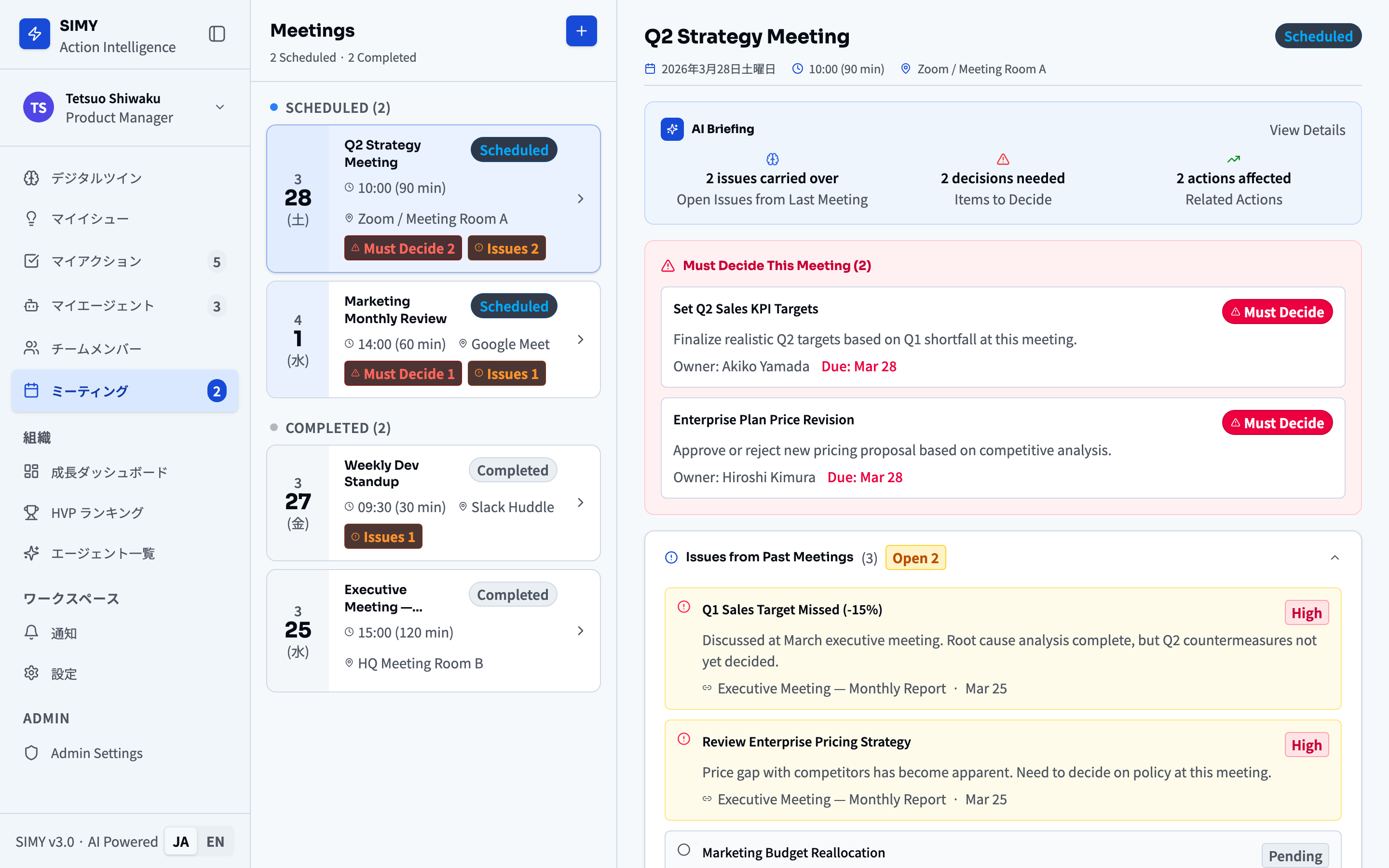 SIMY Meetings — Q2 Strategy, Must Decide list