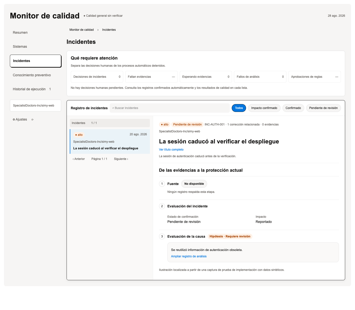 Ilustración del monitor de calidad en español que muestra un incidente de caducidad de sesión y la evaluación de su causa.