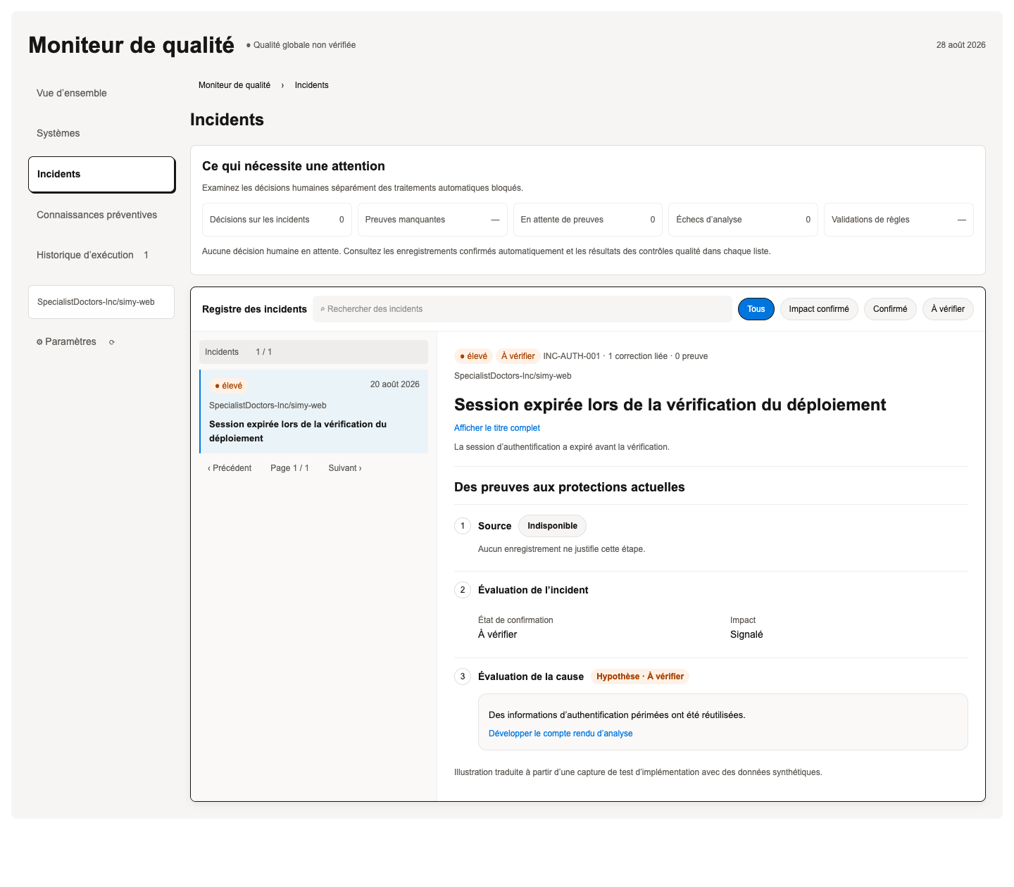 Illustration du moniteur de qualité en français montrant un incident d’expiration de session et l’évaluation de sa cause.