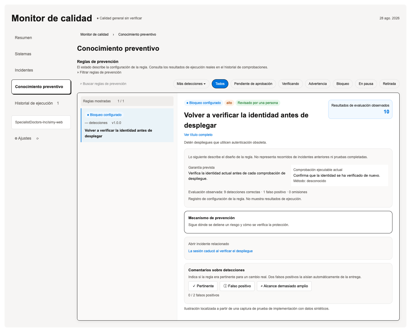 Ilustración de regla de prevención en español que muestra la verificación de identidad y el incidente relacionado.