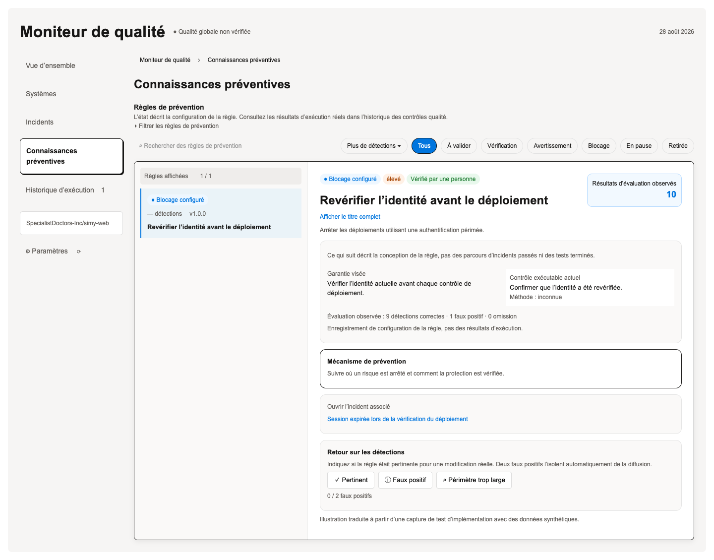 Illustration d’une règle de prévention en français montrant la revérification d’identité et l’incident associé.