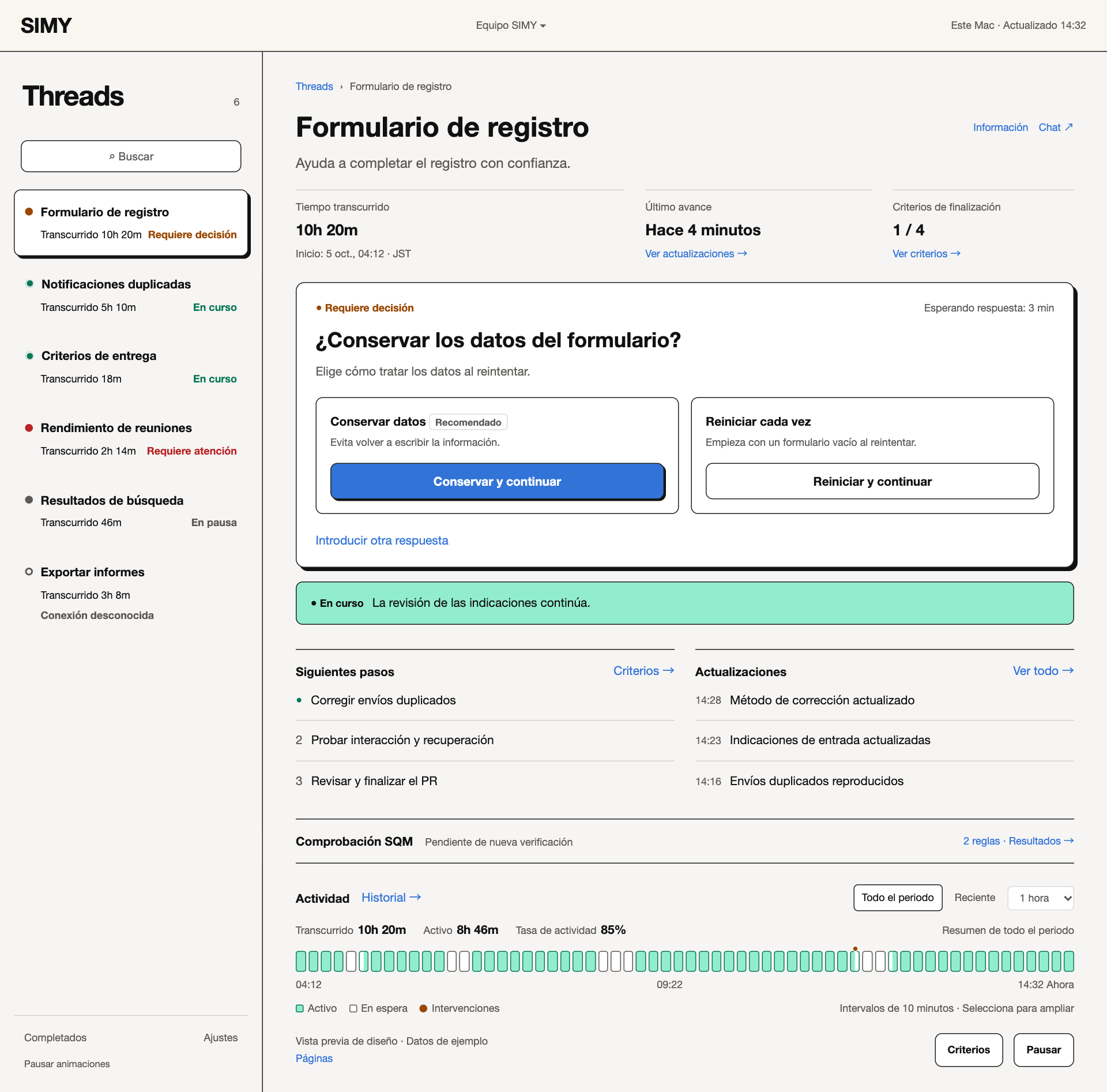 Diseño de decisión en español que muestra las consecuencias de conservar o reiniciar los datos del formulario.