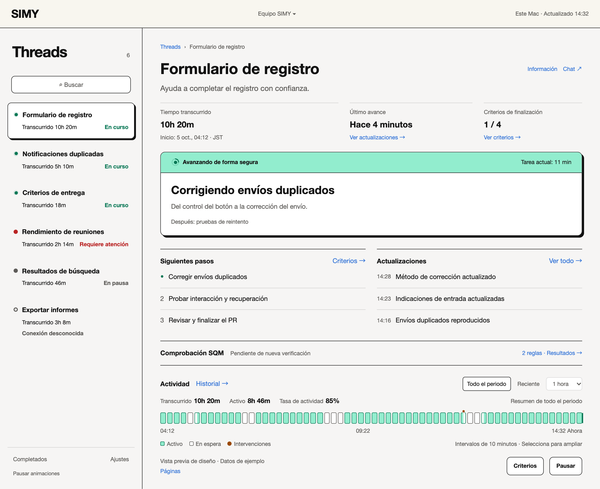 Diseño de Threads en español que muestra la corrección de envíos duplicados y las pruebas de reintento como siguiente paso.