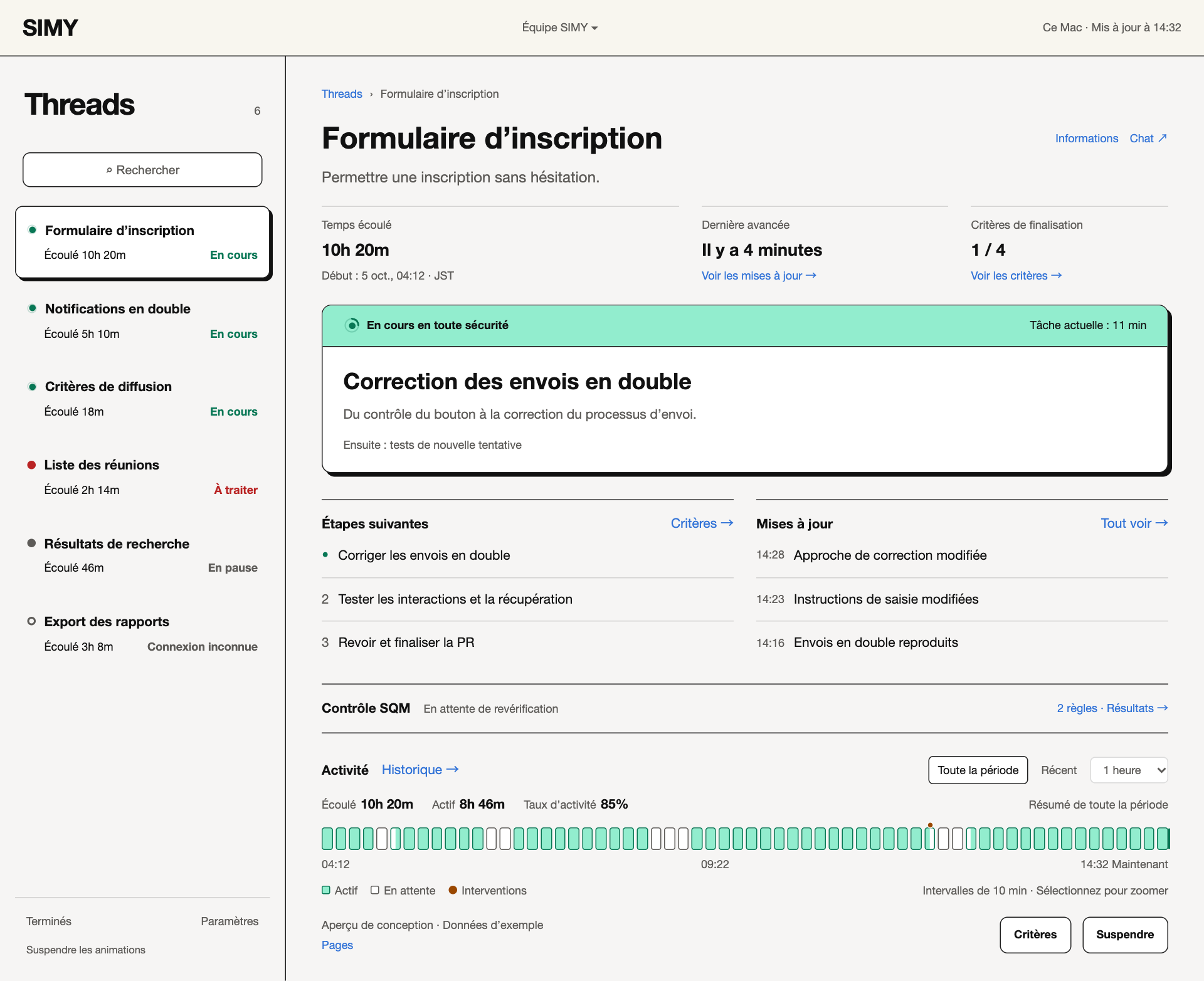 Conception de Threads en français montrant la correction des envois en double et les tests de nouvelle tentative à venir.