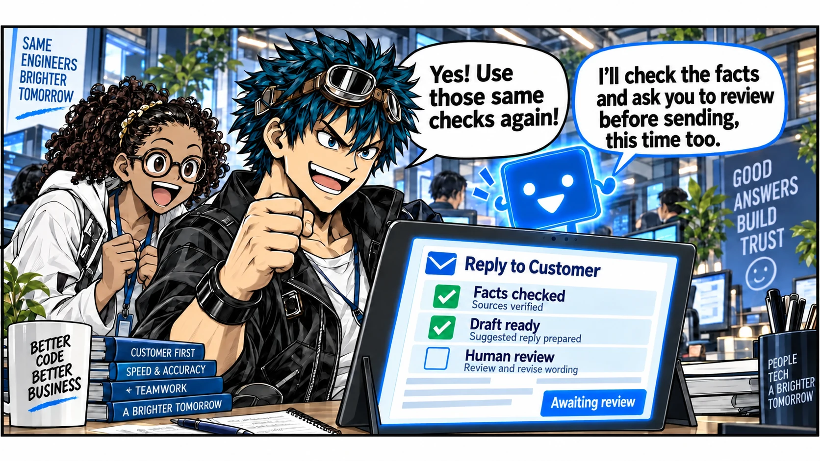 The next customer reply reuses fact checks and review before sending.