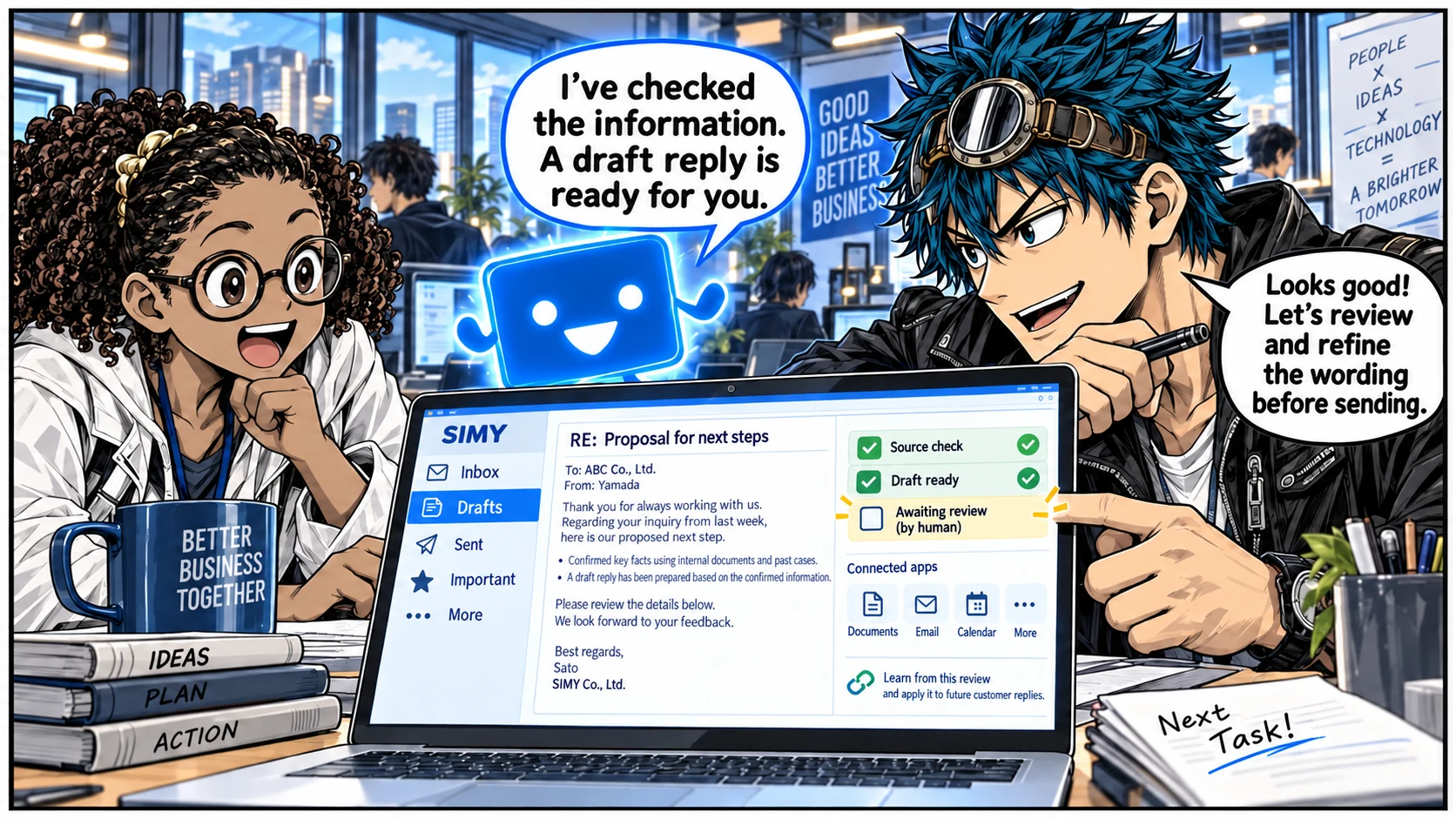 SIMY reviews sources and drafts a reply. A person reviews and requests changes.