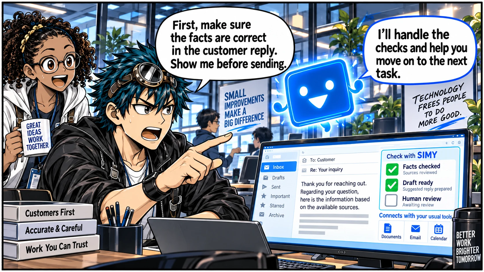The team asks SIMY for a customer reply, with fact checks and review before sending.
